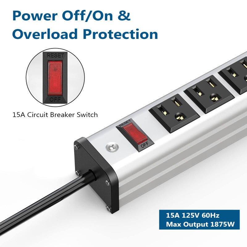 BTU Long Heavy Duty Power Strip 24 Outlet Large Metal Power Strips Garage Workshop Commercial Industrial Power Strips with Circuit Breaker.10FT Cord 15A 125V 1875W (Silver) - Image 4